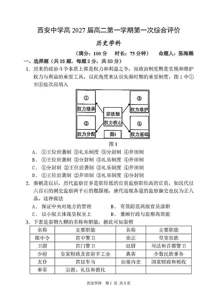 陕西省西安中学2025-2026学年高二上学期第一次综合评价历史试卷（月考）第1页