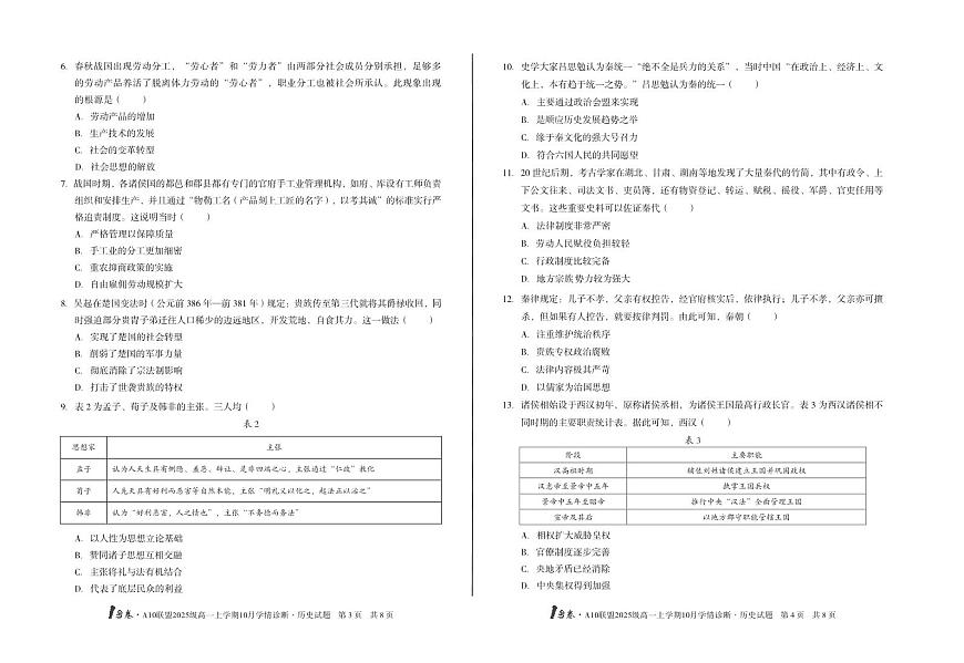1号卷·A10联盟2025级高一上学期10月学情诊断历史B第2页