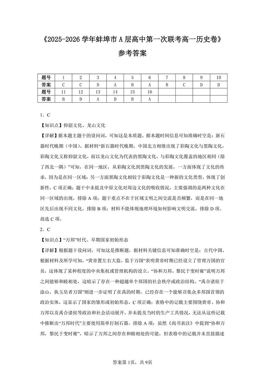 安徽省蚌埠市A层高中2025-2026学年高一上学期10月月考+历史答案第1页