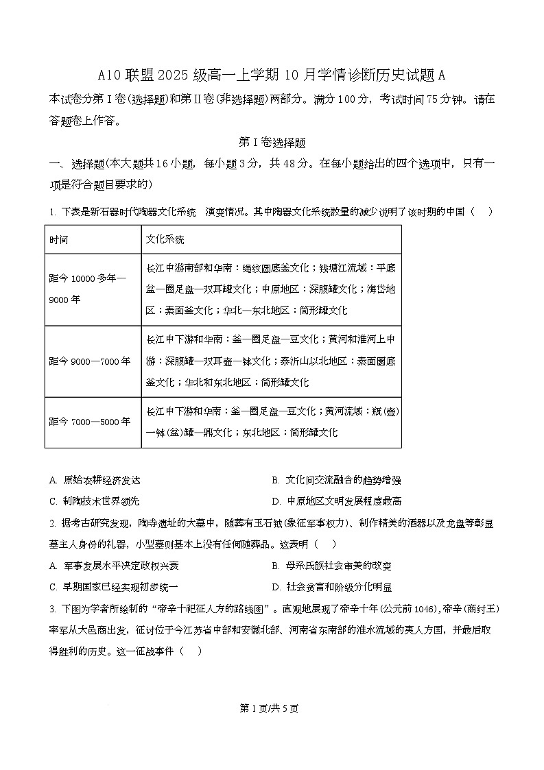 安徽省A10联盟2025-2026学年高一上学期10月学情诊断历史试卷（A卷）（原卷版）第1页