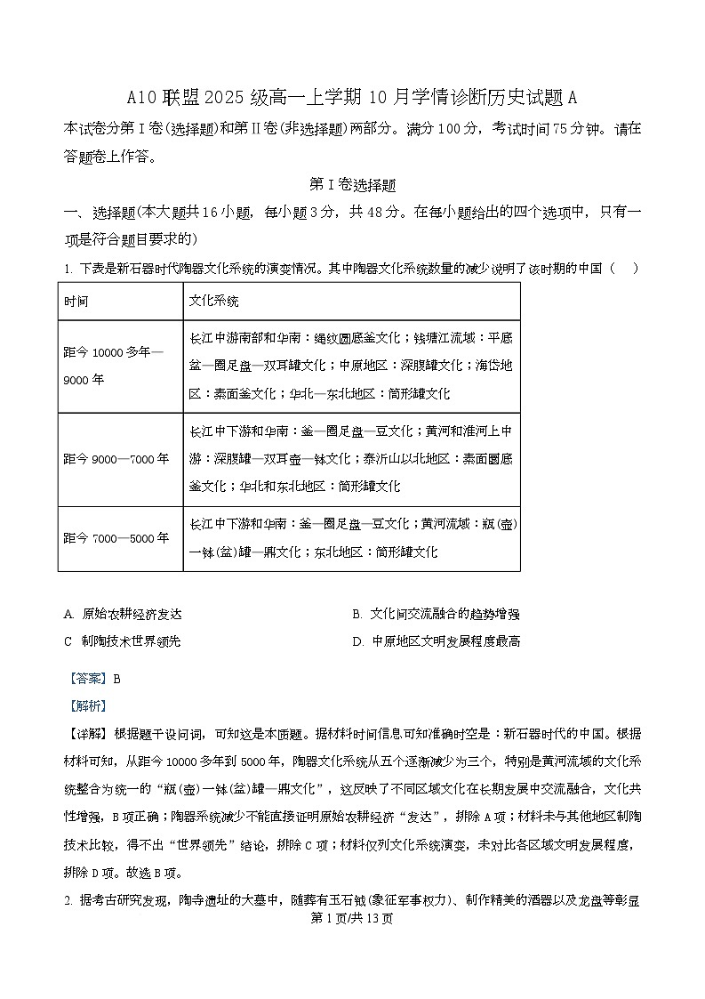 安徽省A10联盟2025-2026学年高一上学期10月学情诊断历史试卷（A卷） Word版含解析第1页