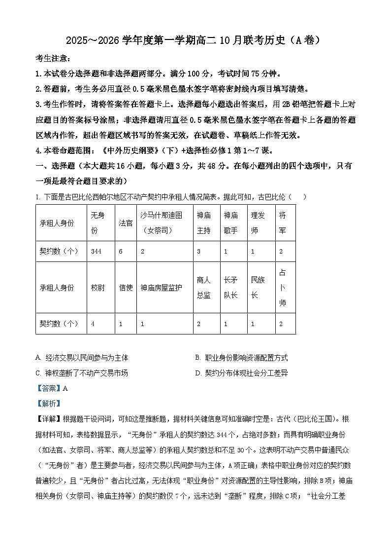 安徽省县中联盟2025-2026学年高二上学期10月联考历史试题（A卷） Word版含解析第1页