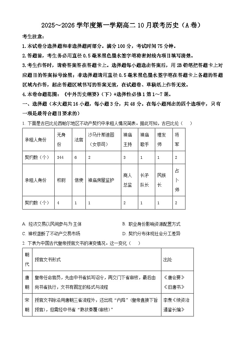 安徽省县中联盟2025-2026学年高二上学期10月联考历史试题（A卷）（原卷版）第1页