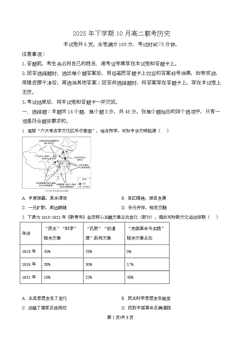 湖南省部分高中名校联盟2025-2026学年高二上学期10月月考历史试题（原卷版）第1页