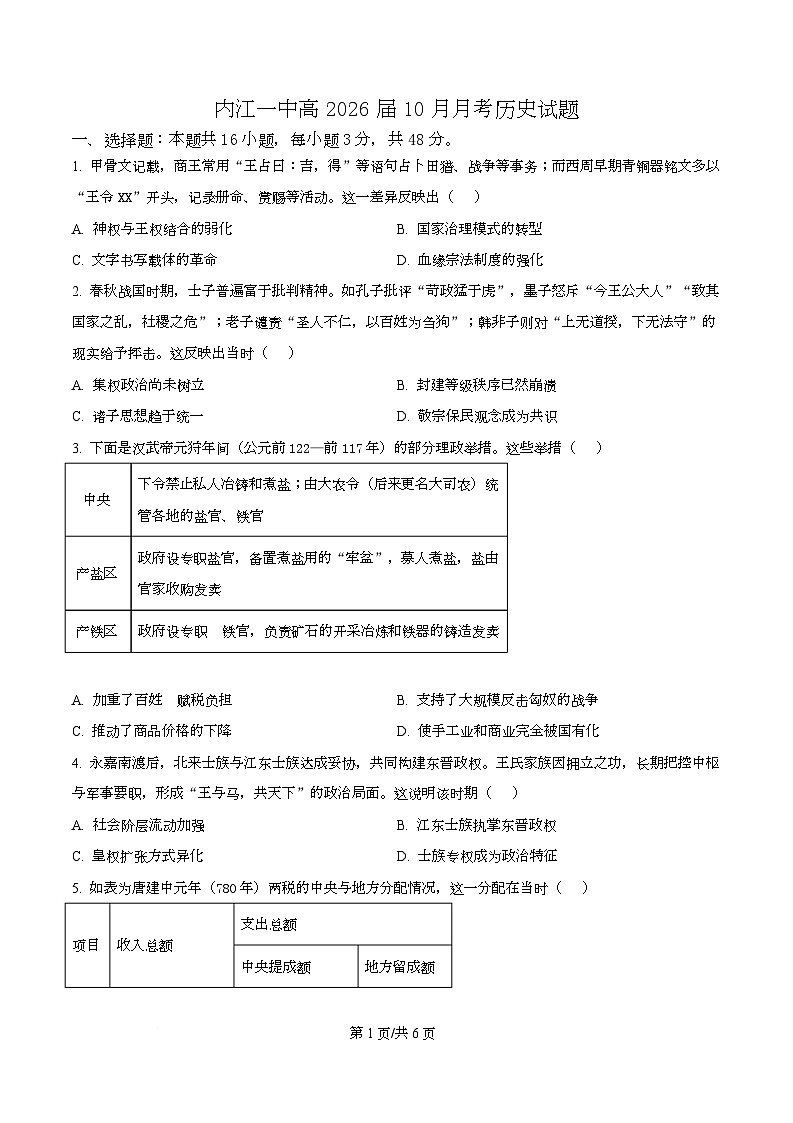 四川省内江市第一中学2026届高三上学期10月月考历史试题（原卷版）第1页