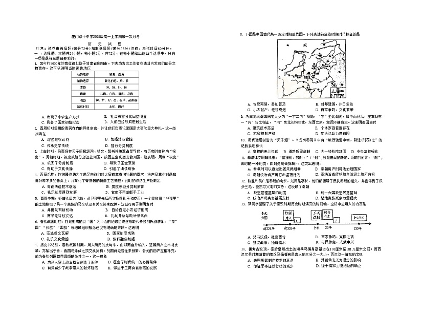 福建省厦门双十中学2025-2026学年高一上学期第一次月考历史试卷（Word版附答案）第1页