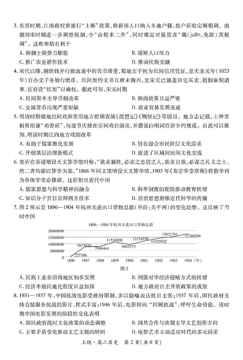 江西省上饶市六校2024-2025学年高二下学期5月第一次联合考试历史试卷+答案第2页