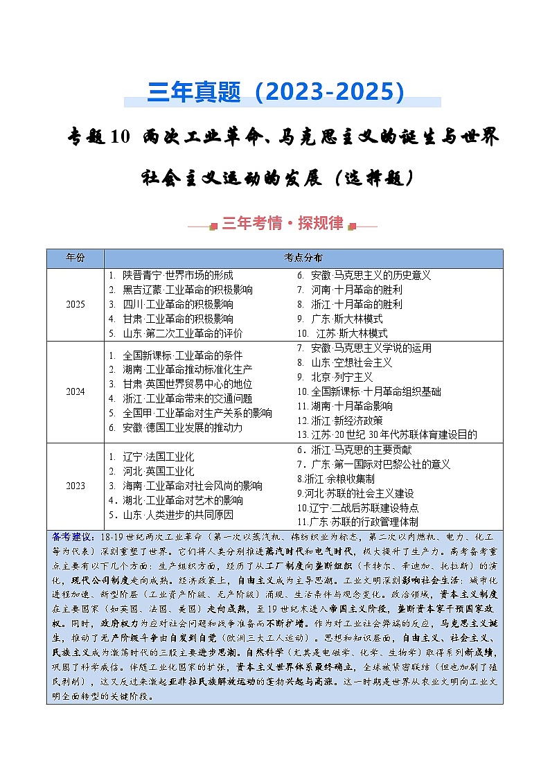 专题10 两次工业革命、马克思主义的诞生与世界社会主义运动的发展·选择题（全国通用）（原卷版）第1页
