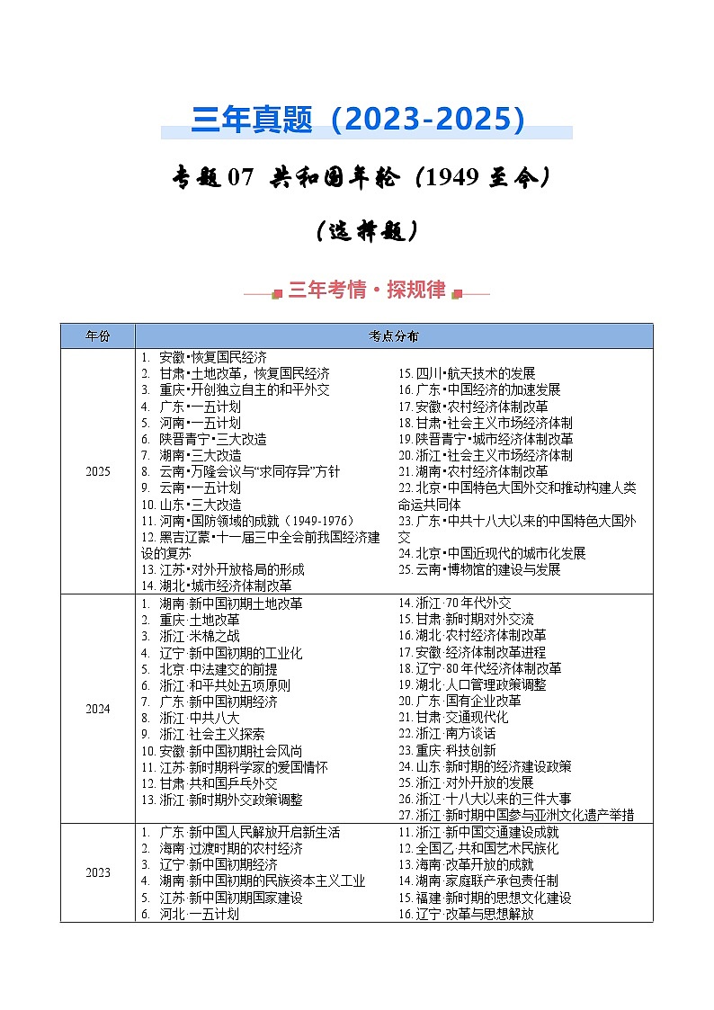 专题07 共和国年轮（1949年至今）•选择题 Word版含解析第1页