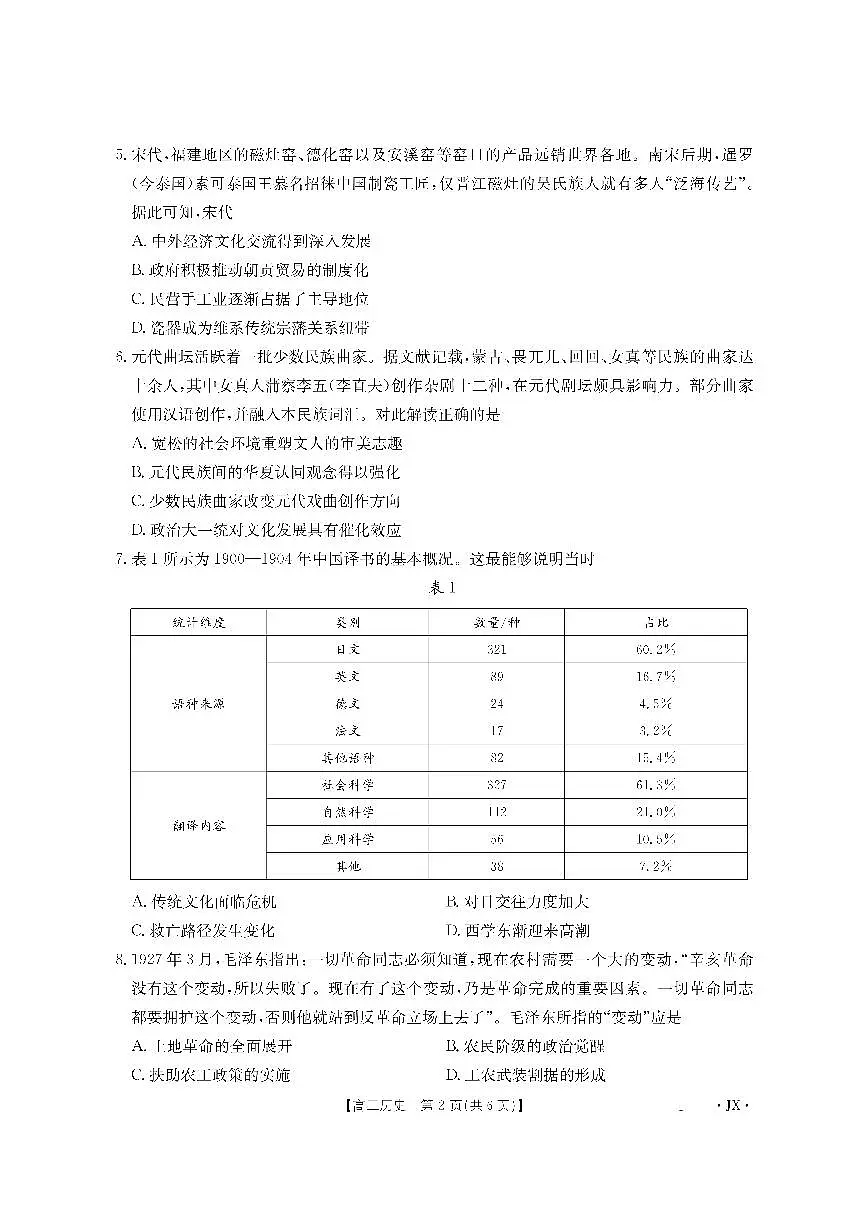 金太阳江西省2026届高三上学期8月百万大联考历史试卷+答案第2页