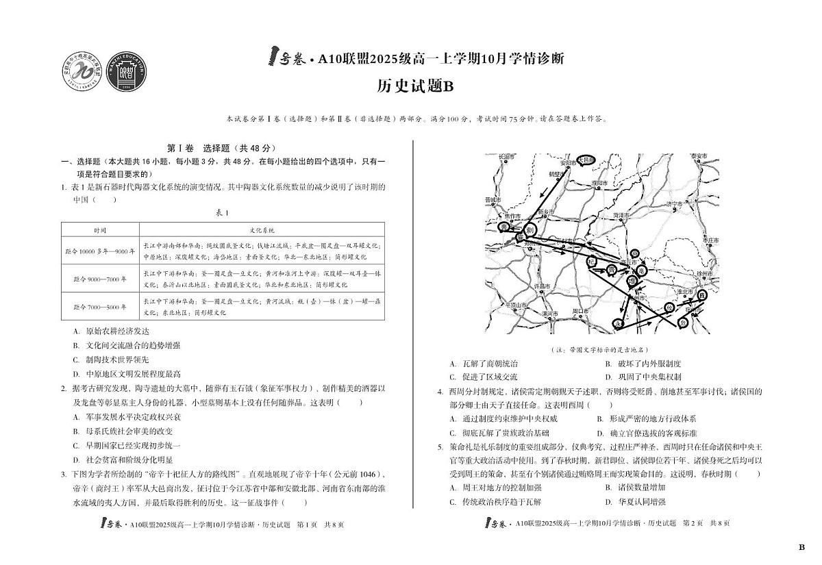 安徽省1号卷A10联盟2025级高一上学期10月学情诊断历史B第1页