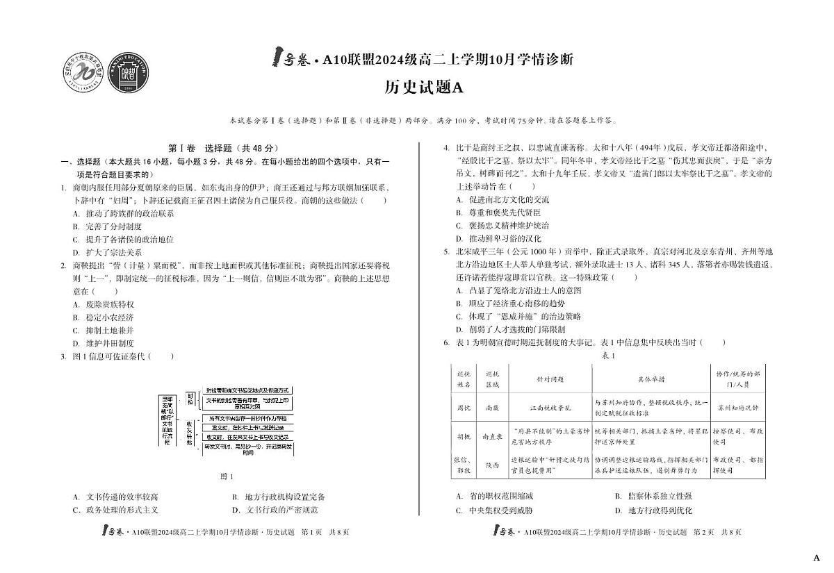 安徽省（A卷）1号卷A10联盟2024级高二上学期10月学情诊断历史A第1页