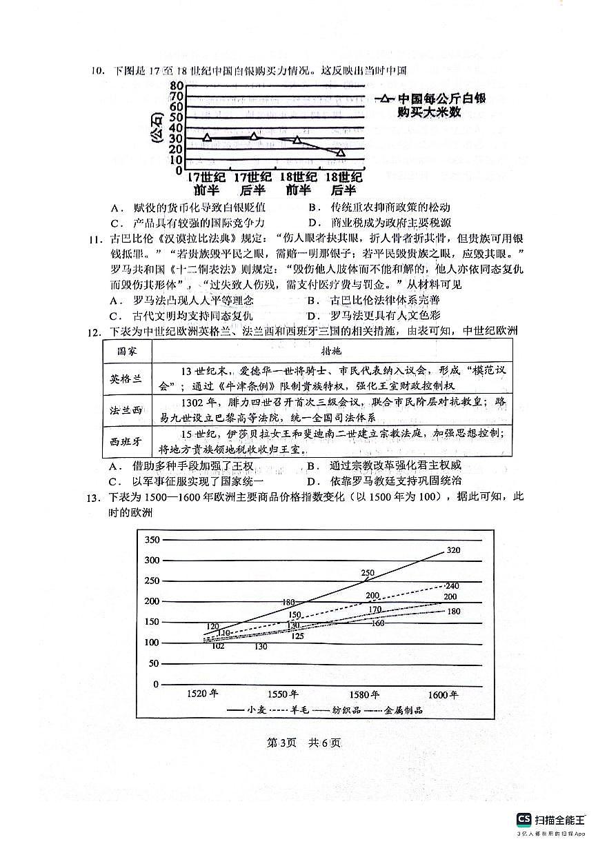 四川省绵阳南山中学高三年级上学期“绵阳一诊”热身考试历史试卷（无答案）第3页
