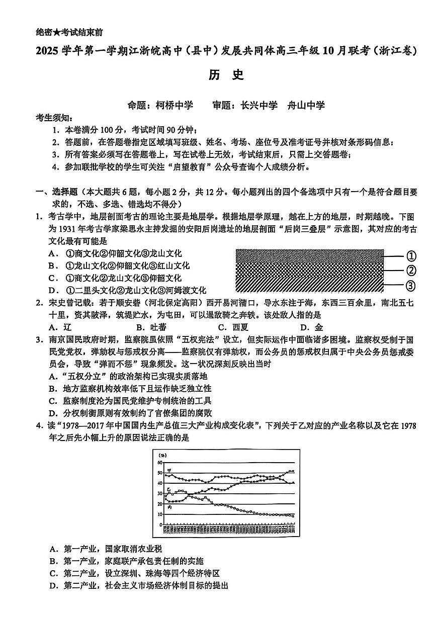 江浙皖高中（县中）发展共同体2025-2026学年高三上学期10月联考历史试题（含答案）第1页