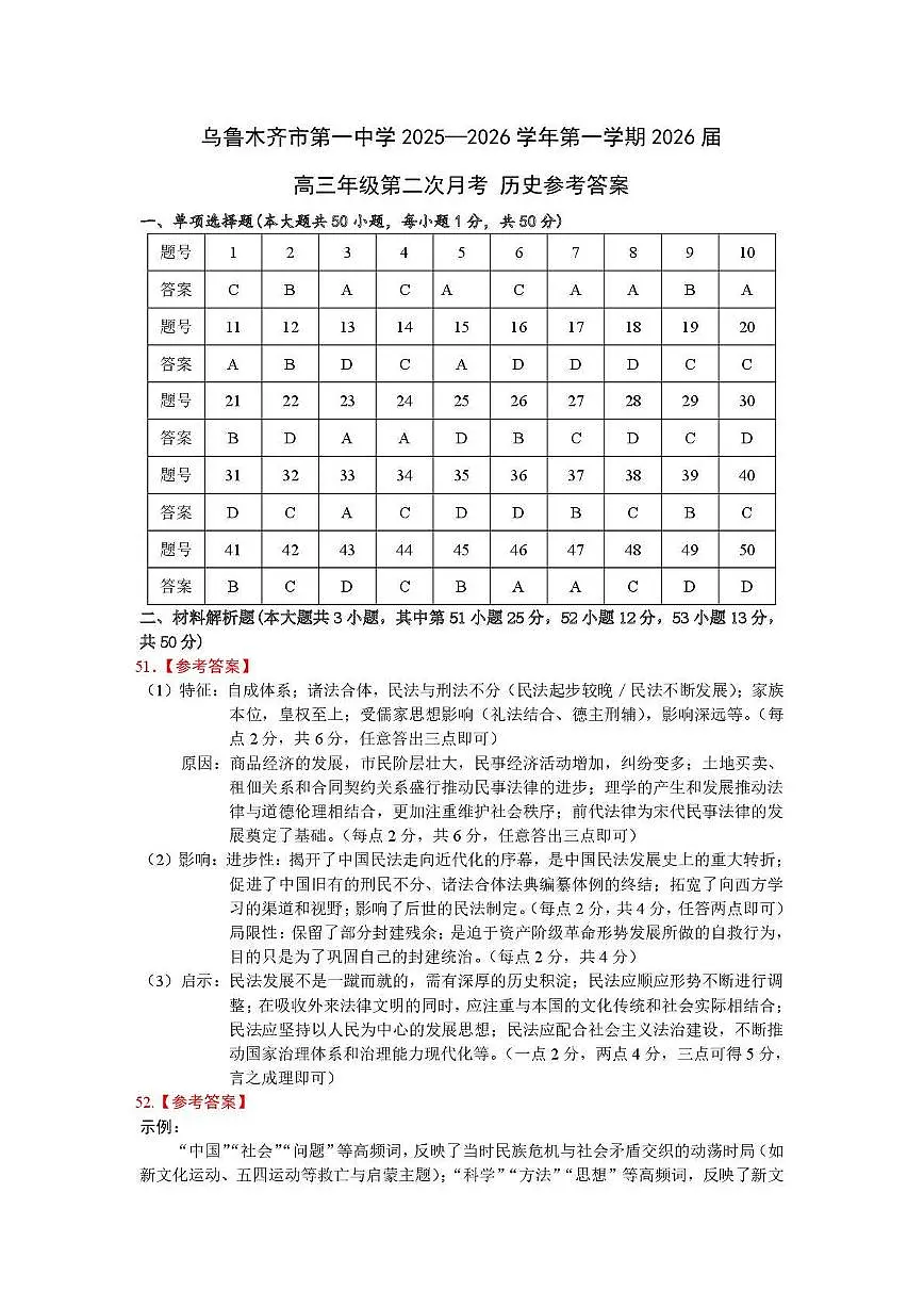 乌鲁木齐市第一中学2025--2026学年第一学期2026届高三年级第二次月考历史答案第1页