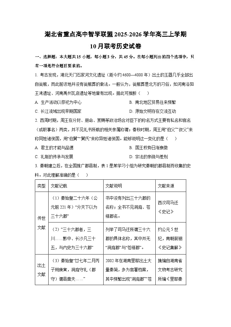 2025~2026学年湖北省重点高中智学联盟高三（上）10月联考历史试题（学生版）第1页