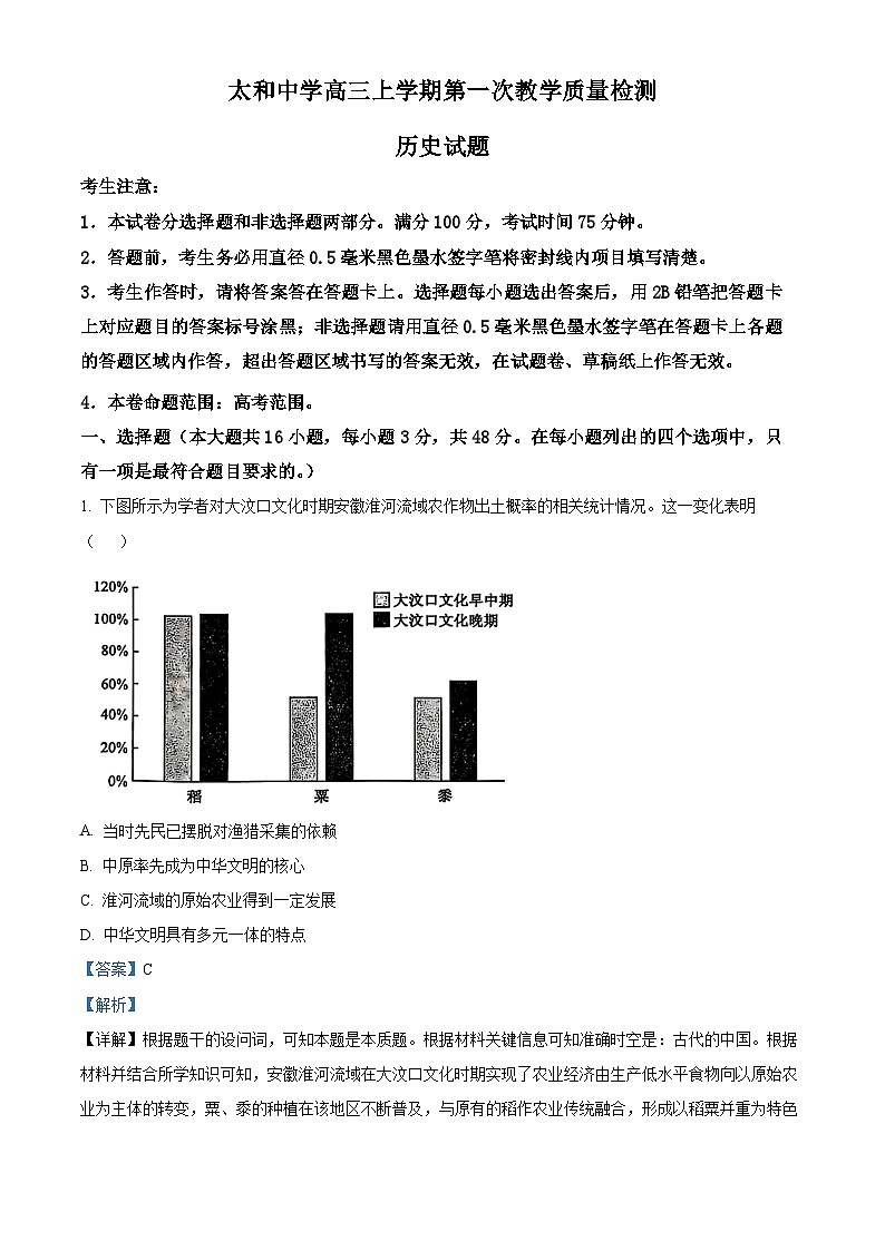 安徽省阜阳市太和县安徽省太和中学2026届高三上学期10月月考历史试题（含解析）第1页