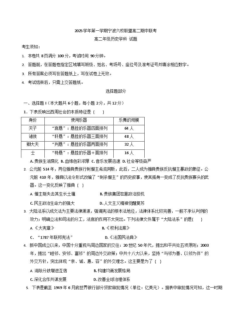浙江省宁波市六校联盟2025-2026学年高二上学期11月期中考试历史试卷第1页