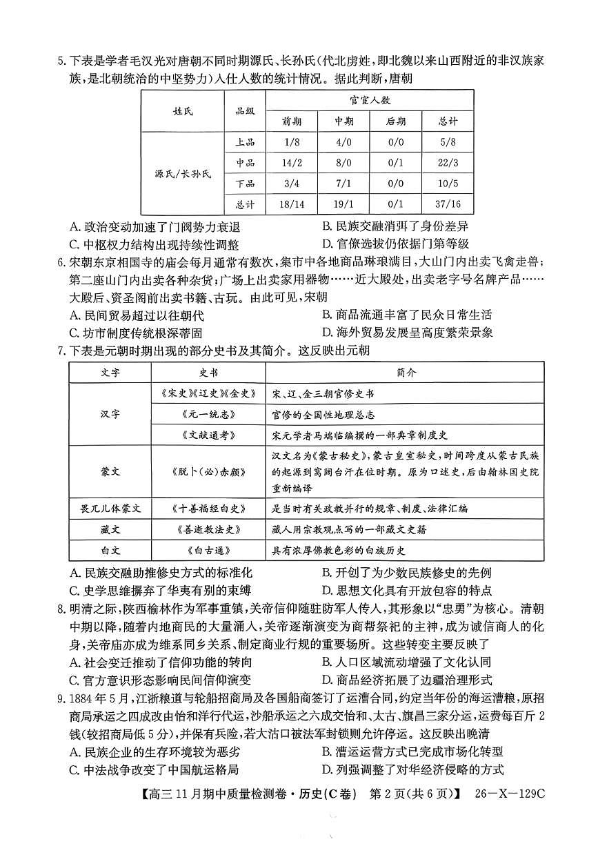 山西三上学期晋卓越联盟&天成联考2026届高三上学期11月期中质检历史试题+答案第2页