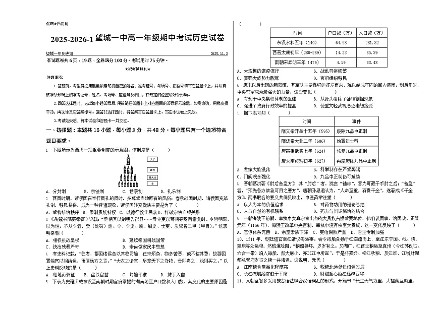 湖南省长沙市望城区第一中学2025-2026学年高一上学期11月期中考试历史试卷第1页
