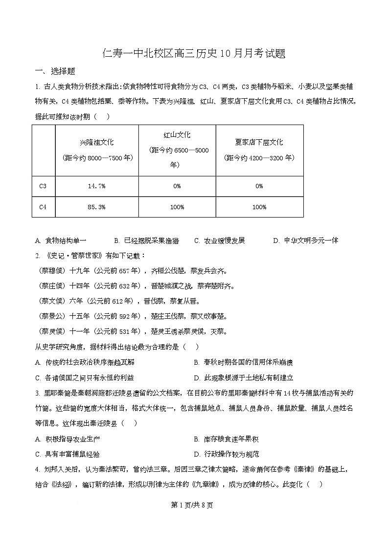 四川省眉山市仁寿第一中学（北校区）2026届高三上学期10月月考历史试题（原卷版）第1页