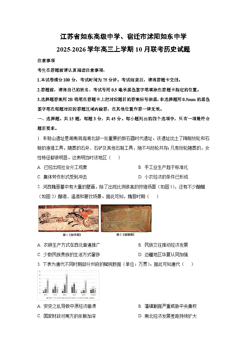 江苏省如东高级中学、宿迁市沭阳如东中学2025-2026学年高三上学期10月联考历史试卷（学生版）第1页