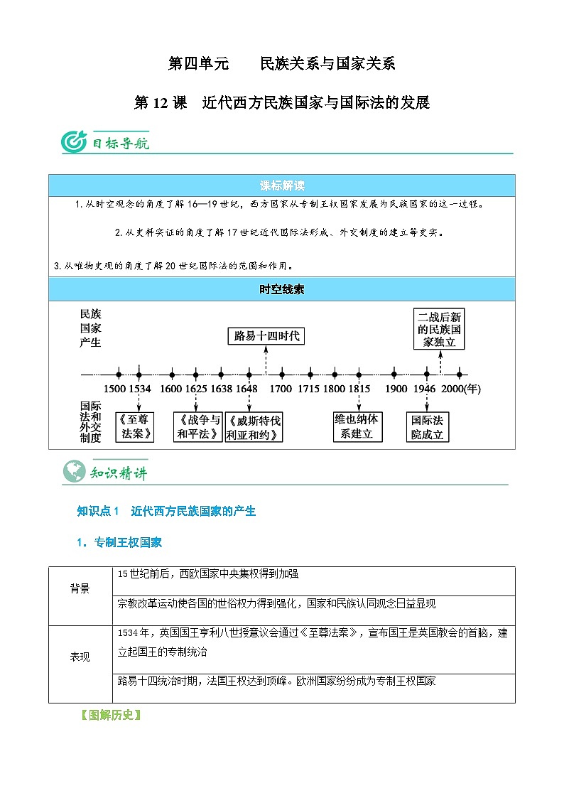 高考历史一轮复习讲义第12课 近代西方民族国家与国际法的发展（原卷版）第1页
