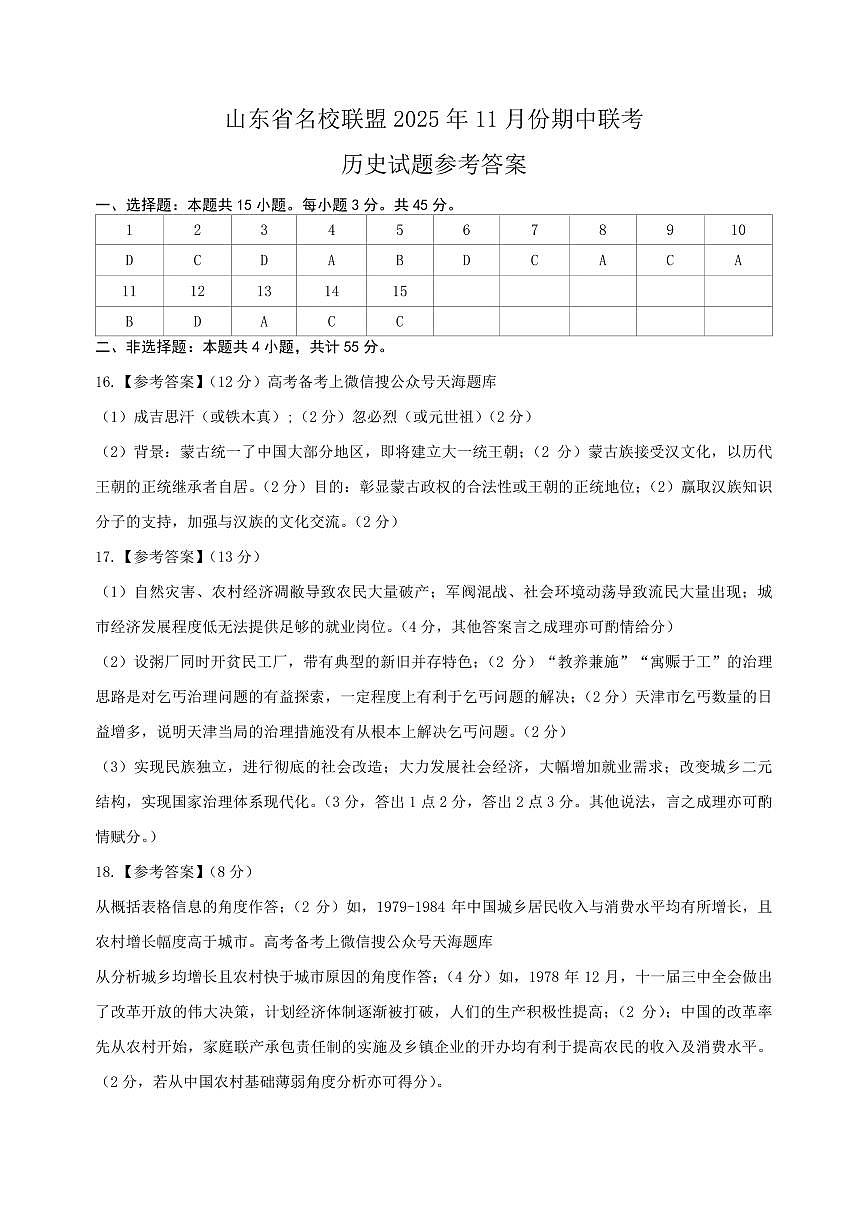 山东名校考试联盟——11月期中高三历史试题参考答案第1页