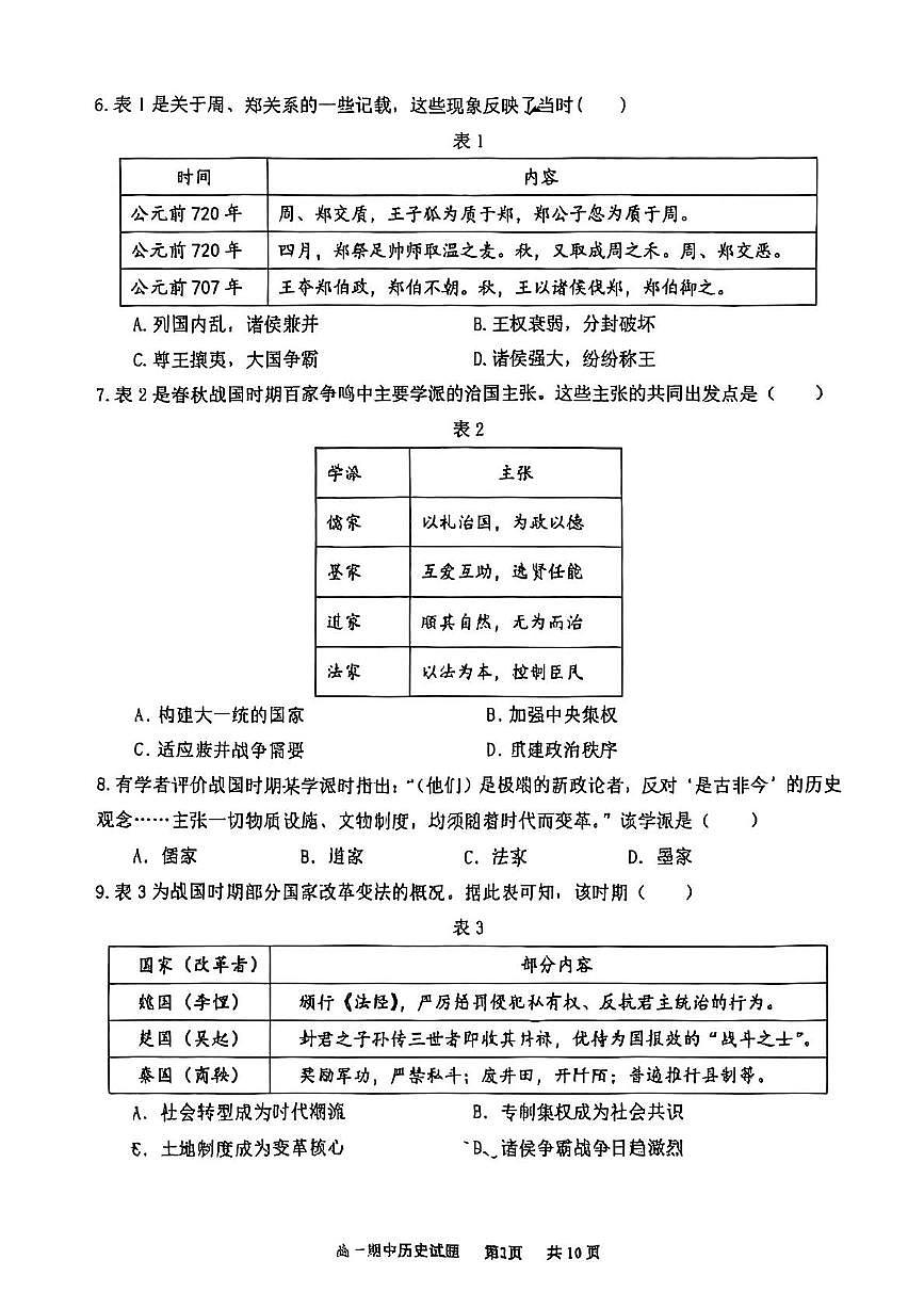 山东省实验中学2025-2026学年高一上学期期中考试历史试题第2页
