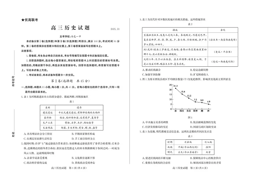 历史试卷(清晰版)-山东省德州市（优高联考）2026届高三年级期中上学期教学质量检测考试(11.12-11.14)第1页