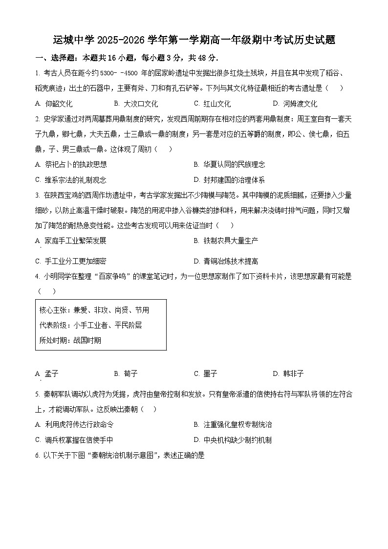 山西省运城中学2025-2026学年高一上学期期中考试历史试题（原卷版）第1页