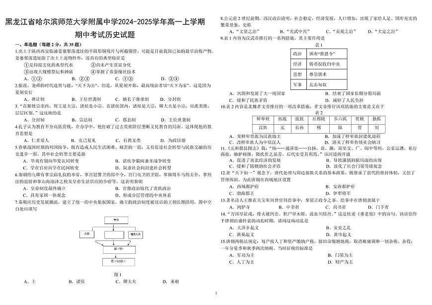 黑龙江省哈尔滨师范大学附属中学2024-2025学年高一上学期期中考试历史试卷含答案第1页