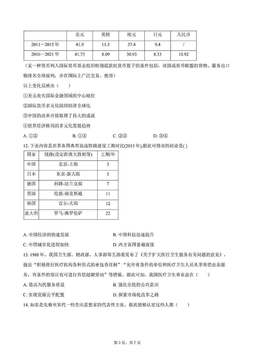 2025届四川省双流棠湖中学高三下高考模拟考试（四）历史试卷（高考模拟）第3页