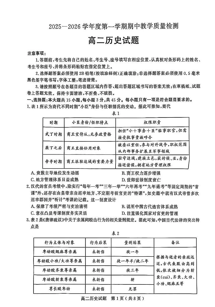 山东省聊城市2025-2026学年高二上学期期中教学质量检测历史试题第1页