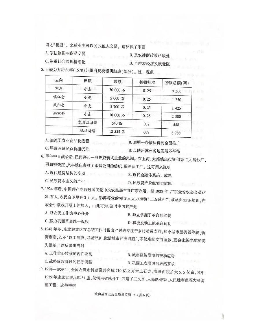 陕西省咸阳市武功县2026届11月高三上学期质量监测历史试卷（含答案）第2页