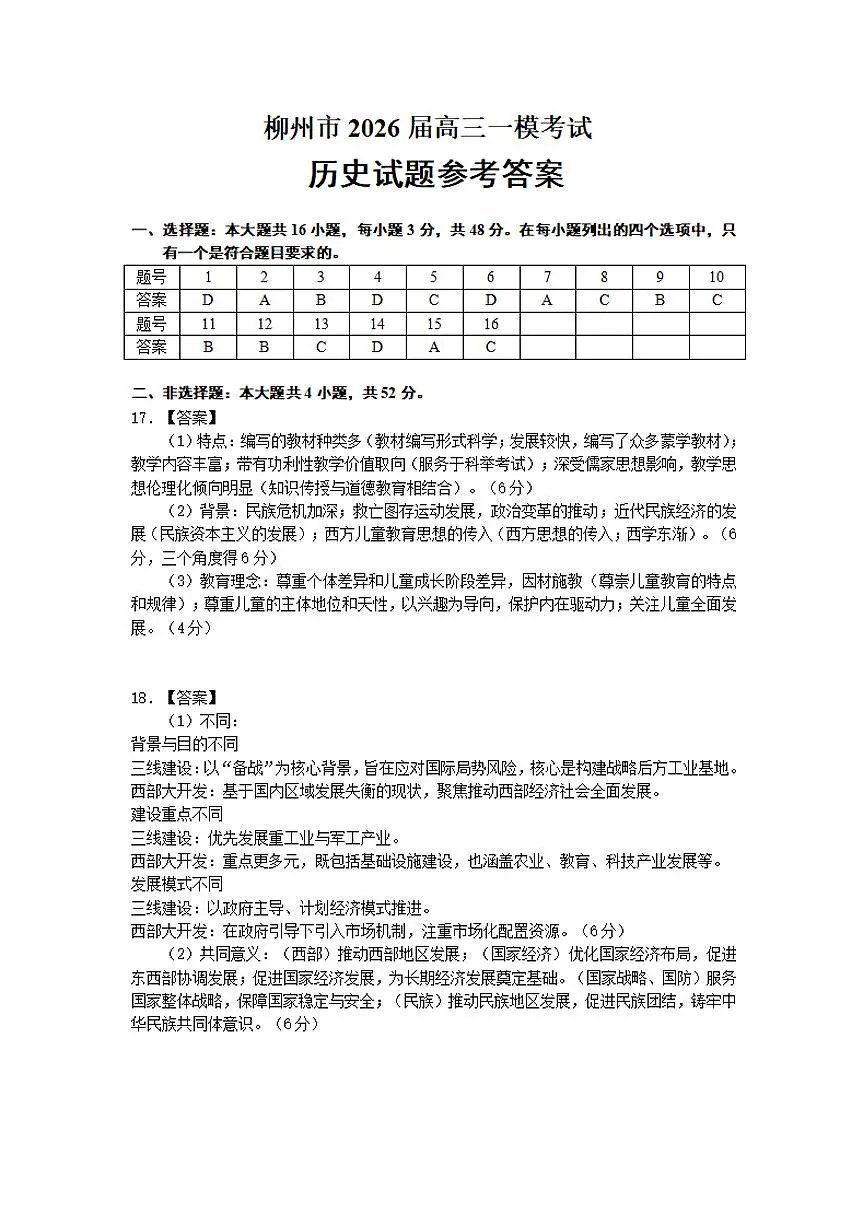 广西柳州市2026届高三第一次模拟考试历史答案第1页