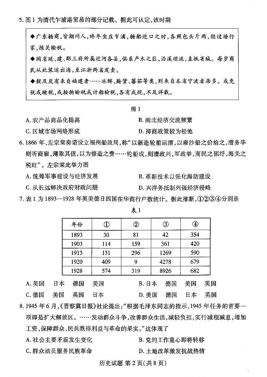 山东省潍坊市2025-2026学年高三期中考试阶段性诊断监测历史试卷（含答案）第2页