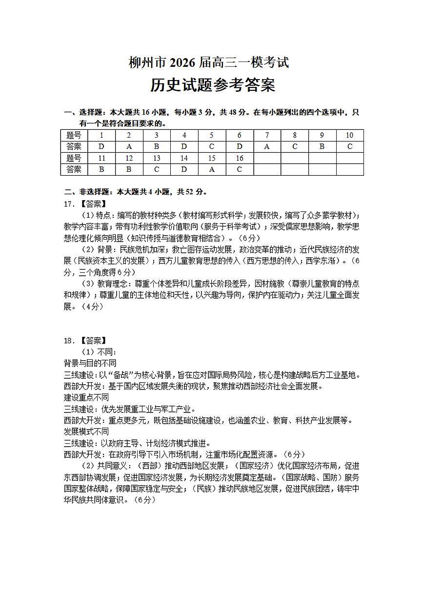 广西柳州市2026届高三第一次模拟考试历史答案第1页
