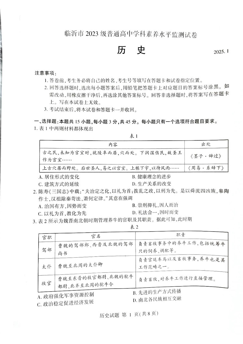 山东省临沂市2024-2025学年高二上学期期末学科素养水平监测历史试卷第1页