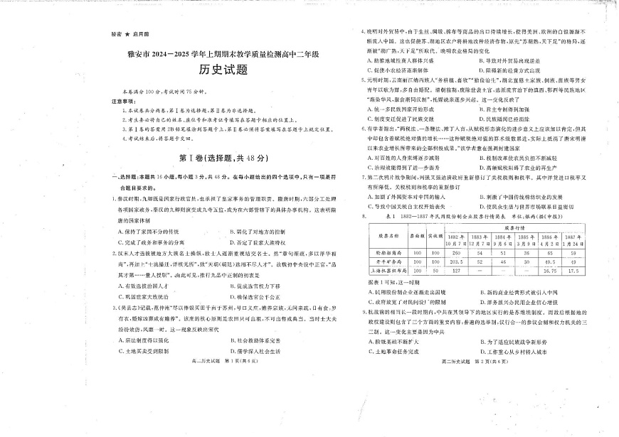 四川省雅安市2024-2025学年高二上学期期末检测历史试题第1页