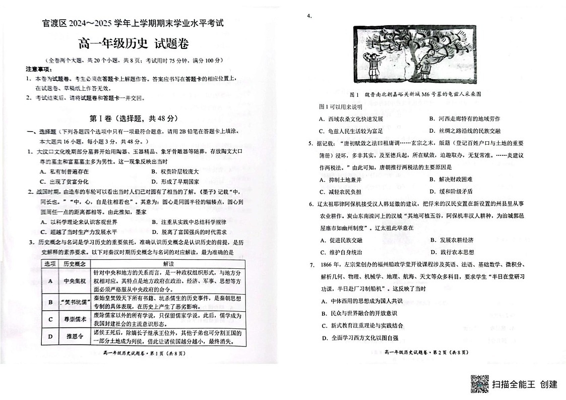 云南省昆明市官渡区2024-2025学年高一上学期期末学业水平考试历史试卷第1页