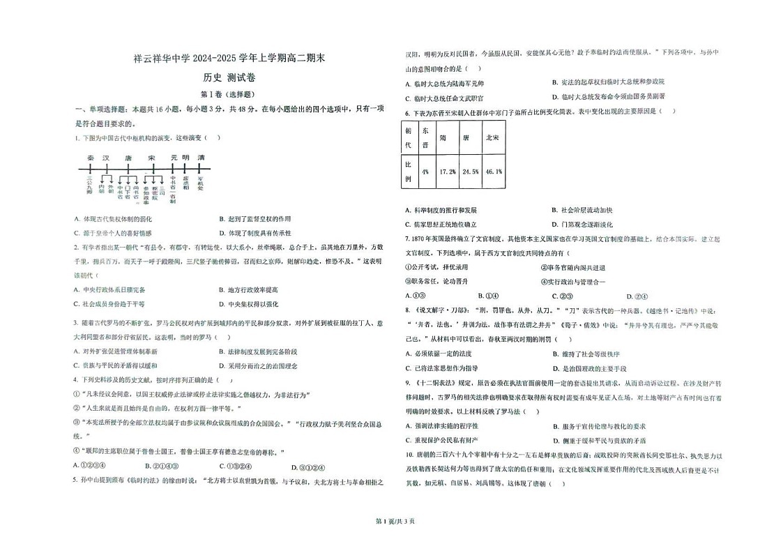 云南省大理白族自治州祥云祥华中学2024-2025学年高二上学期期末考试历史试题第1页