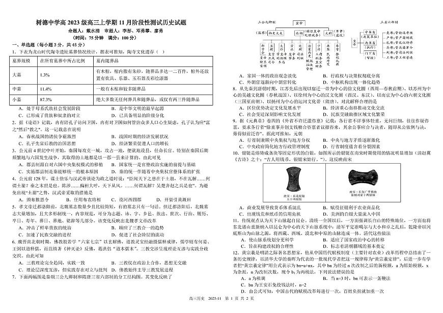 2026届四川省成都市树德中学高三上学期11月阶段测试历史试卷（含答案）第1页