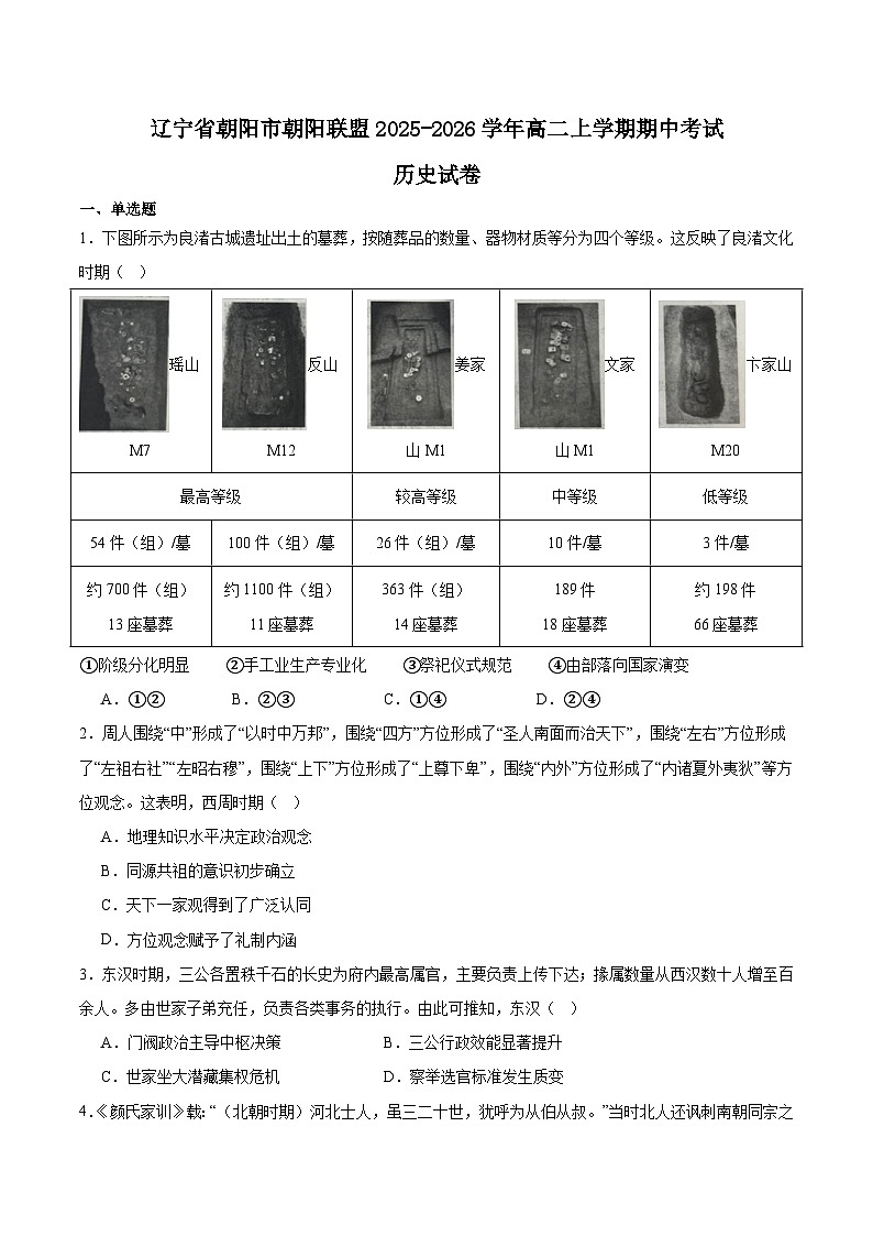 辽宁省朝阳市朝阳联盟2025-2026学年高二上学期10月期中考试历史试卷（Word版附答案）第1页