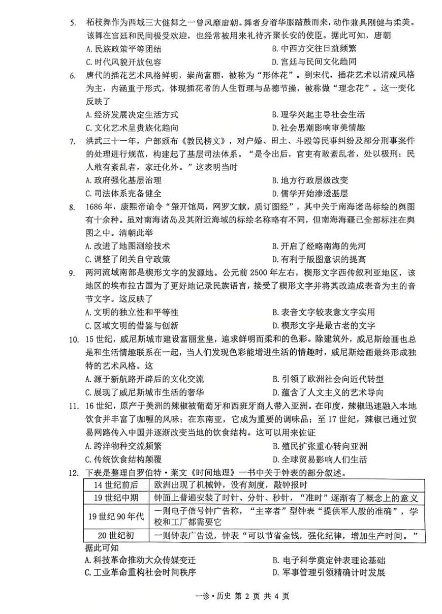 2026届四川省泸州市高三年级上学期第一次模拟考试历史试卷（含答案）第2页