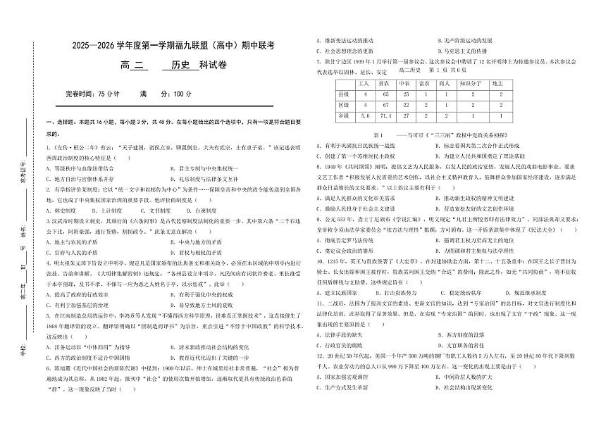 福建省福州市福九联盟2025-2026学年高二上学期期中联考历史试题含答案第1页
