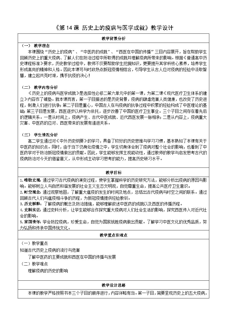 统编版高中历史选择性必修二 第14课 历史上的疫病与医学成就 教案第1页