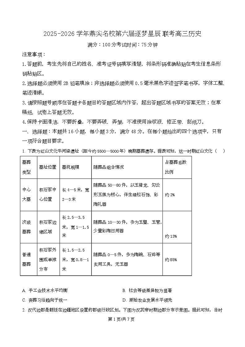 安徽省鼎尖名校2026届高三上学期11月月考历史试卷（原卷版）第1页