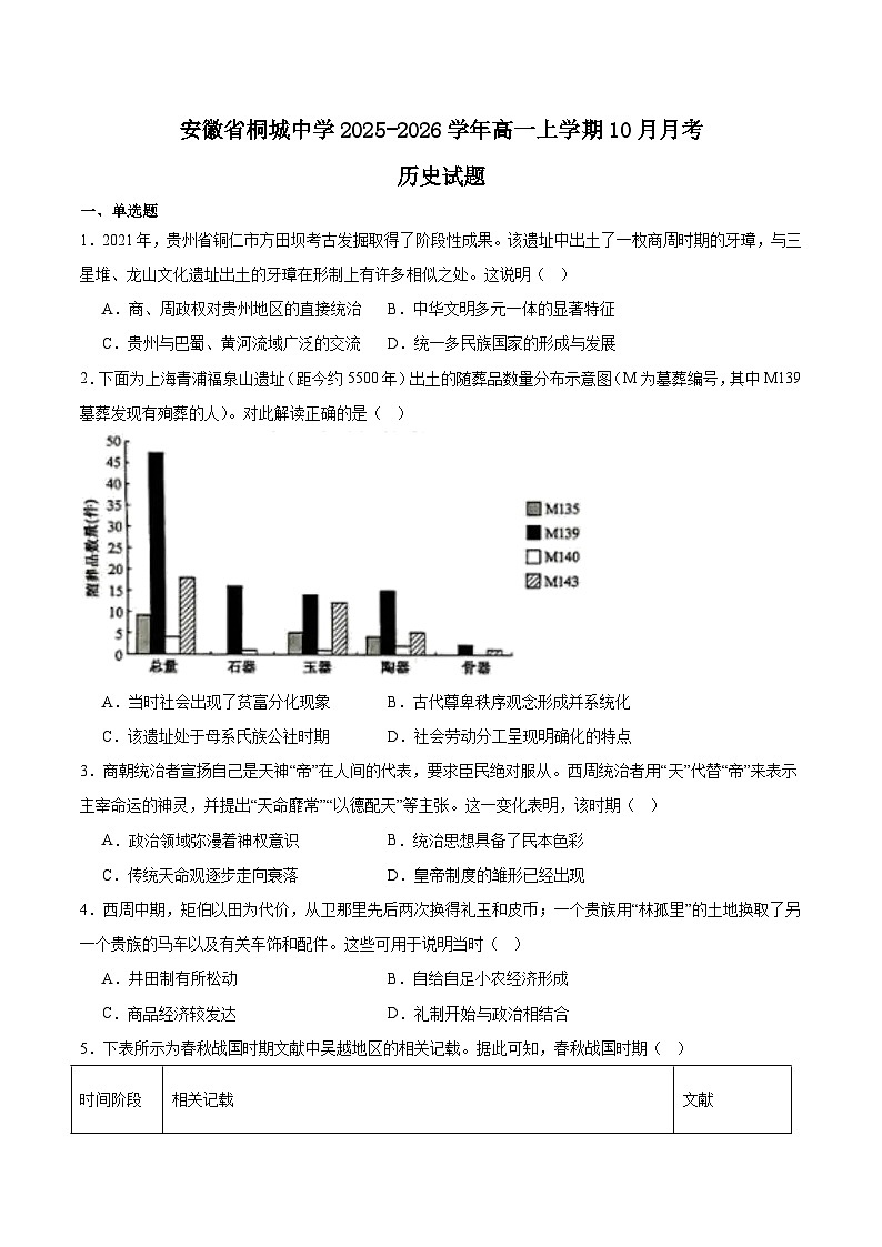 安徽省桐城中学2025-2026学年高一上学期第一次质量检测（10月）历史试卷（含解析）第1页