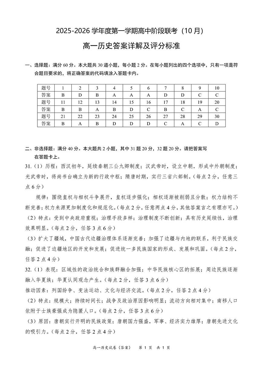 高一历史参考答案（10月份）第1页